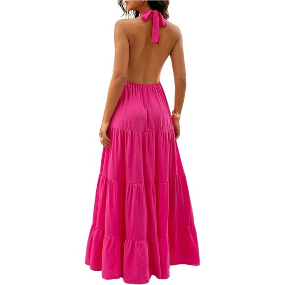 Dresses & Skirts - Women's Polyester V Neck Open Back Halter Maxi Dress Summer Vacation